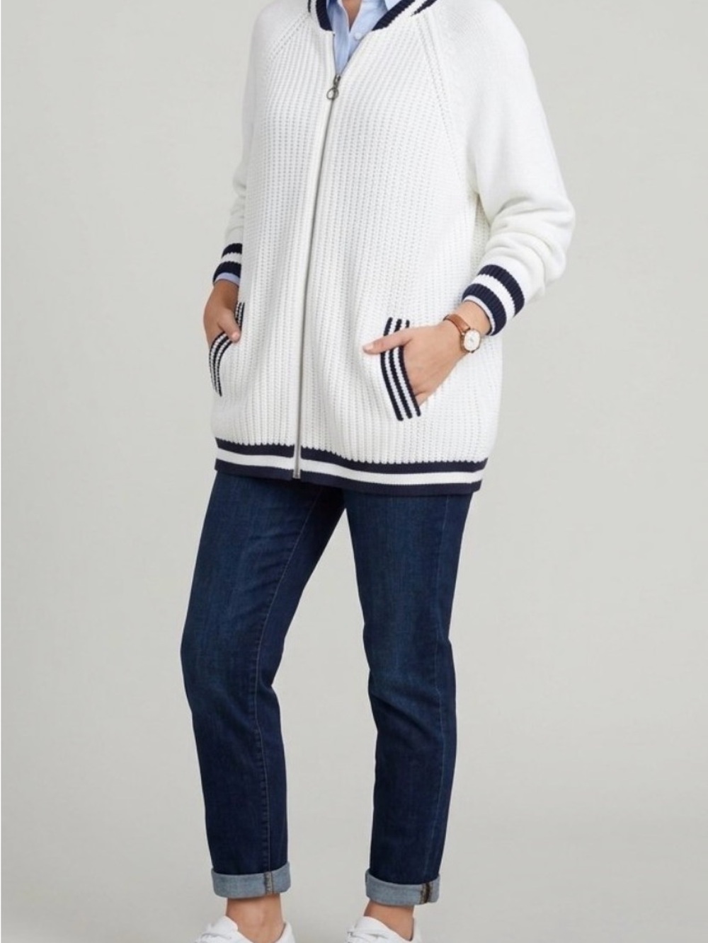 Varsity White Preppy Cardigan Bomber With Striped Navy by CJ Banks 1X Y2K Cozy